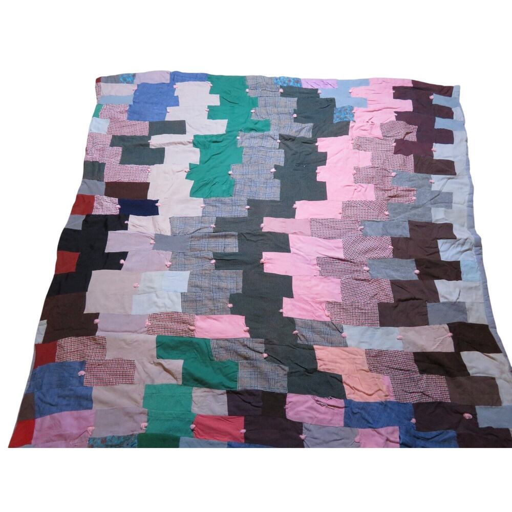 Patchwork Blanket Quilt Tied Block Top Gray Backing 70x57 Vintage